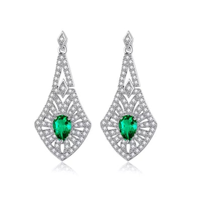 Emerald Simulant Art Deco Silver Earrings