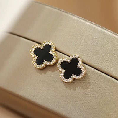 Black Enamel Clover Gold Earrings