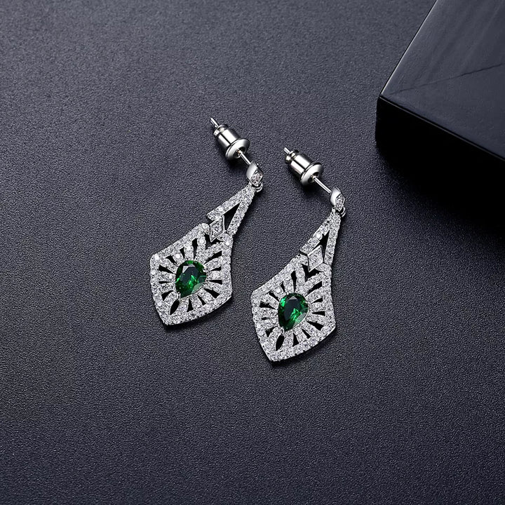 Emerald Simulant Art Deco Silver Earrings