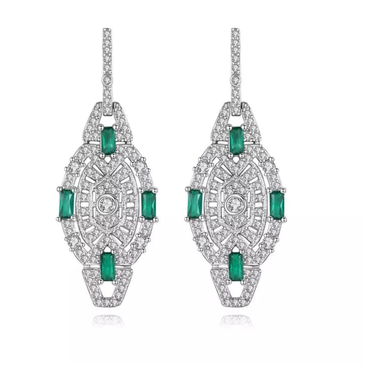 Emerald Simulant Art Deco Silver Earrings