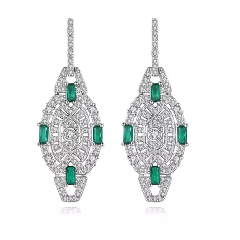 Emerald Simulant Art Deco Silver Earrings
