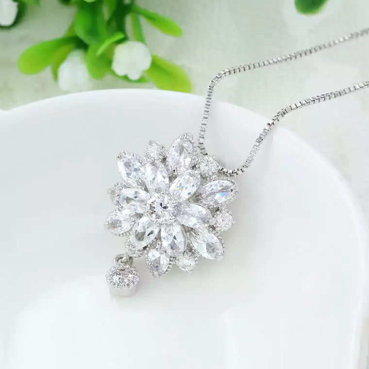 Diamond Simulant Floral Silver Necklace