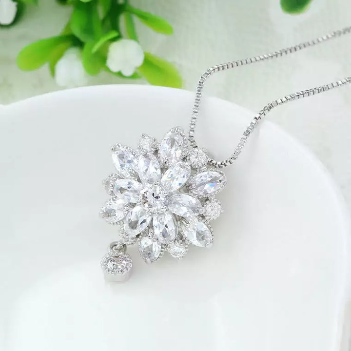 Diamond Simulant Floral Silver Necklace
