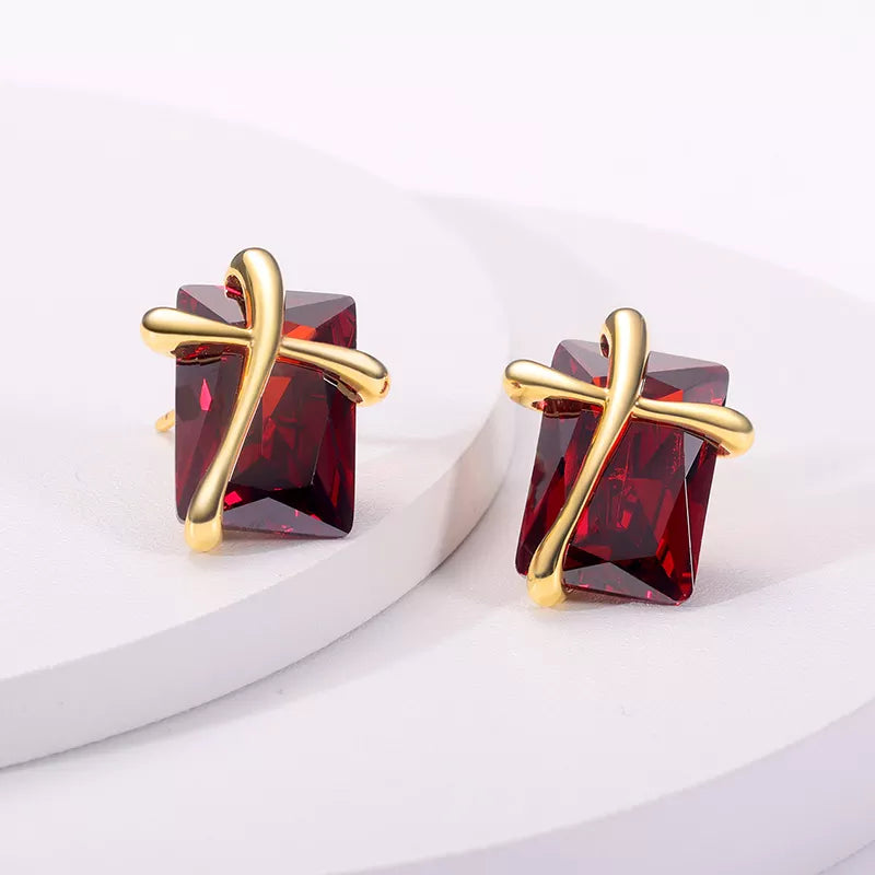 Ruby Simulant Wrapped in Gold Earrings