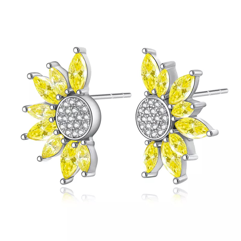 Yellow Diamond Simulant Sunflower Silver Earrings