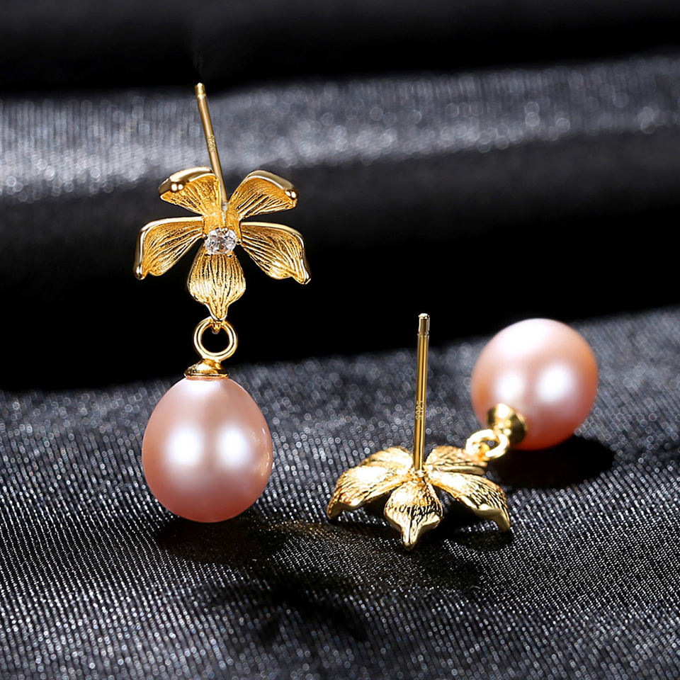 Pink Pearl Gold Floral Earrings
