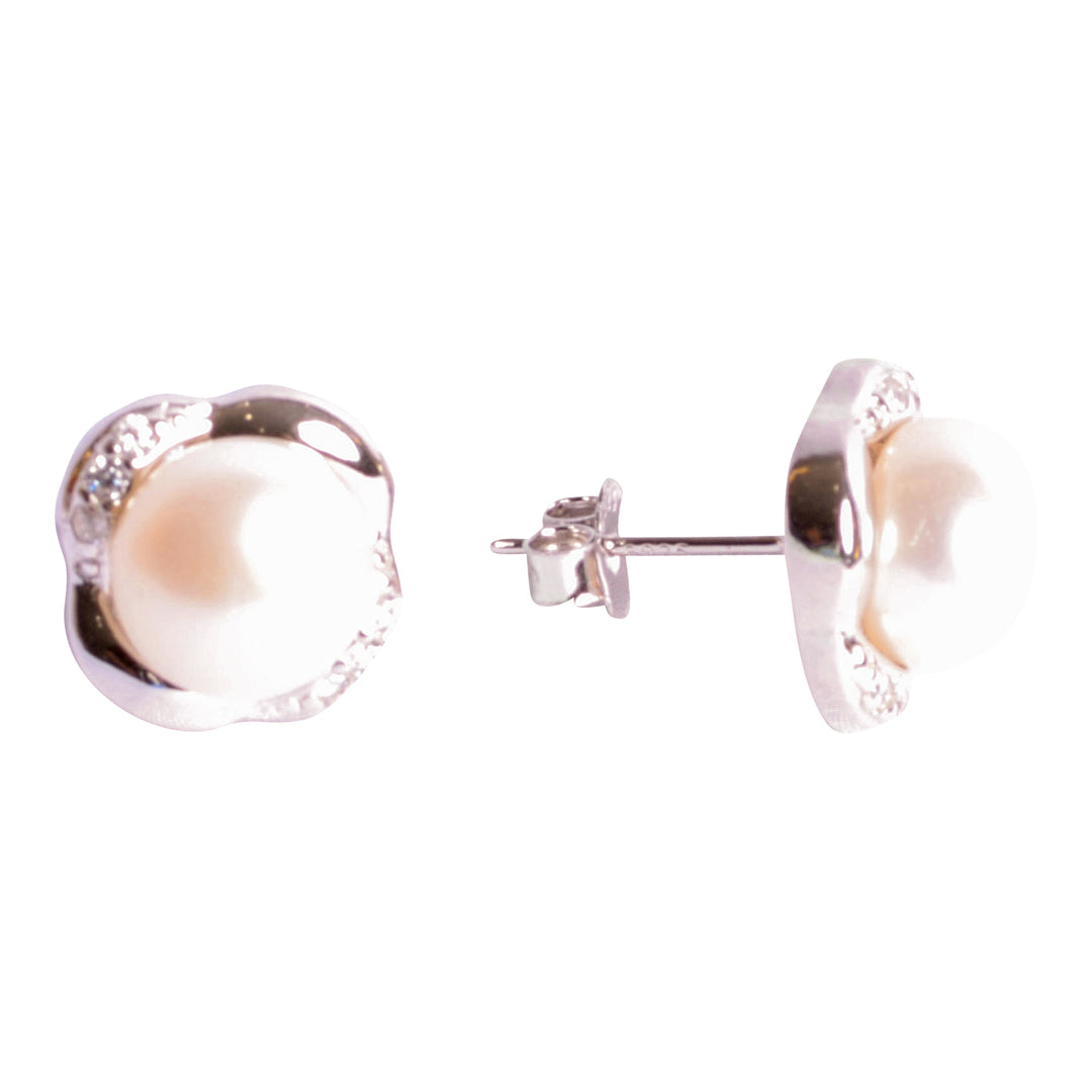 White Button Pearl Stud Earrings | SilverAndGold