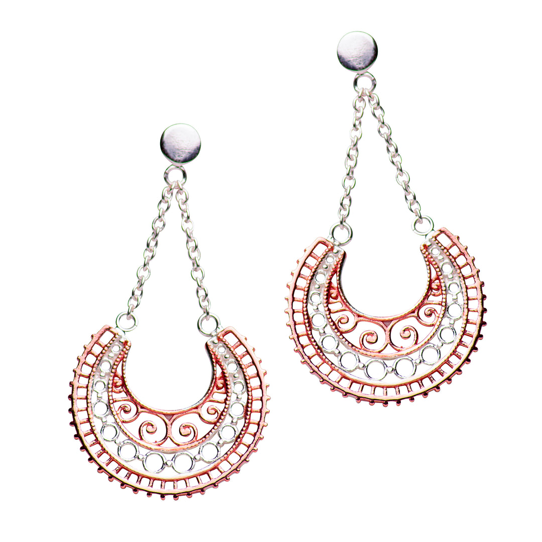 14K Rose Gold & Silver Dangle Crescent Earrings | SilverAndGold