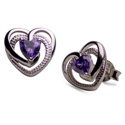 Created Amethyst Heart Sterling Silver Earrings | SilverAndGold
