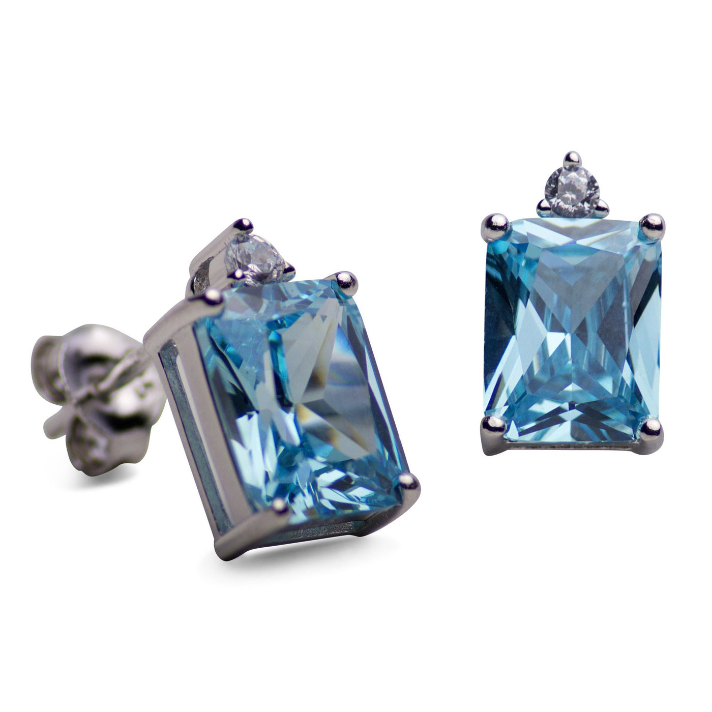 Rectangular Created Blue Topaz Stud Earrings | SilverAndGold