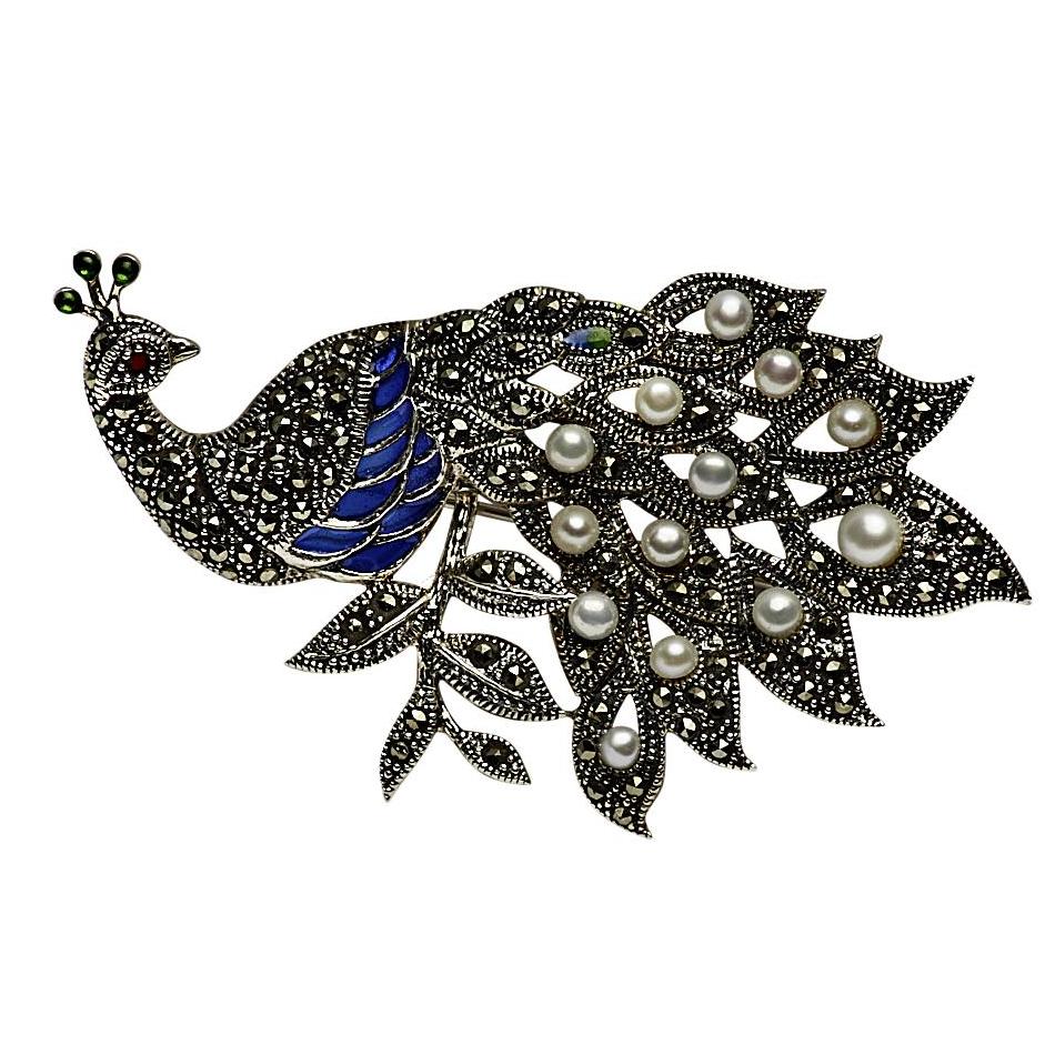 Peacock Pearl Silver Brooch