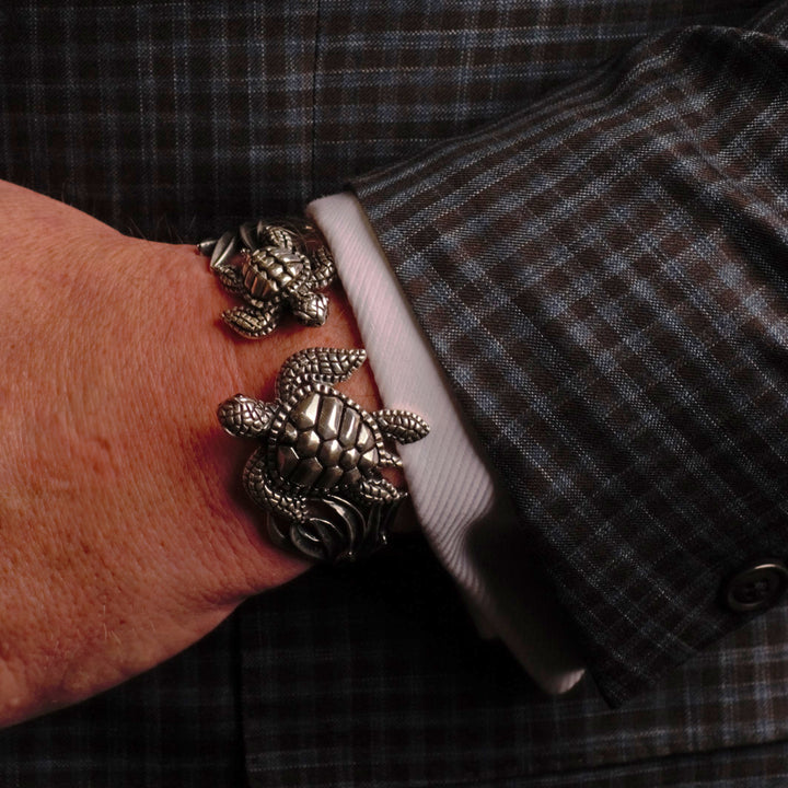 Double Turtle Silver Cuff Bracelet