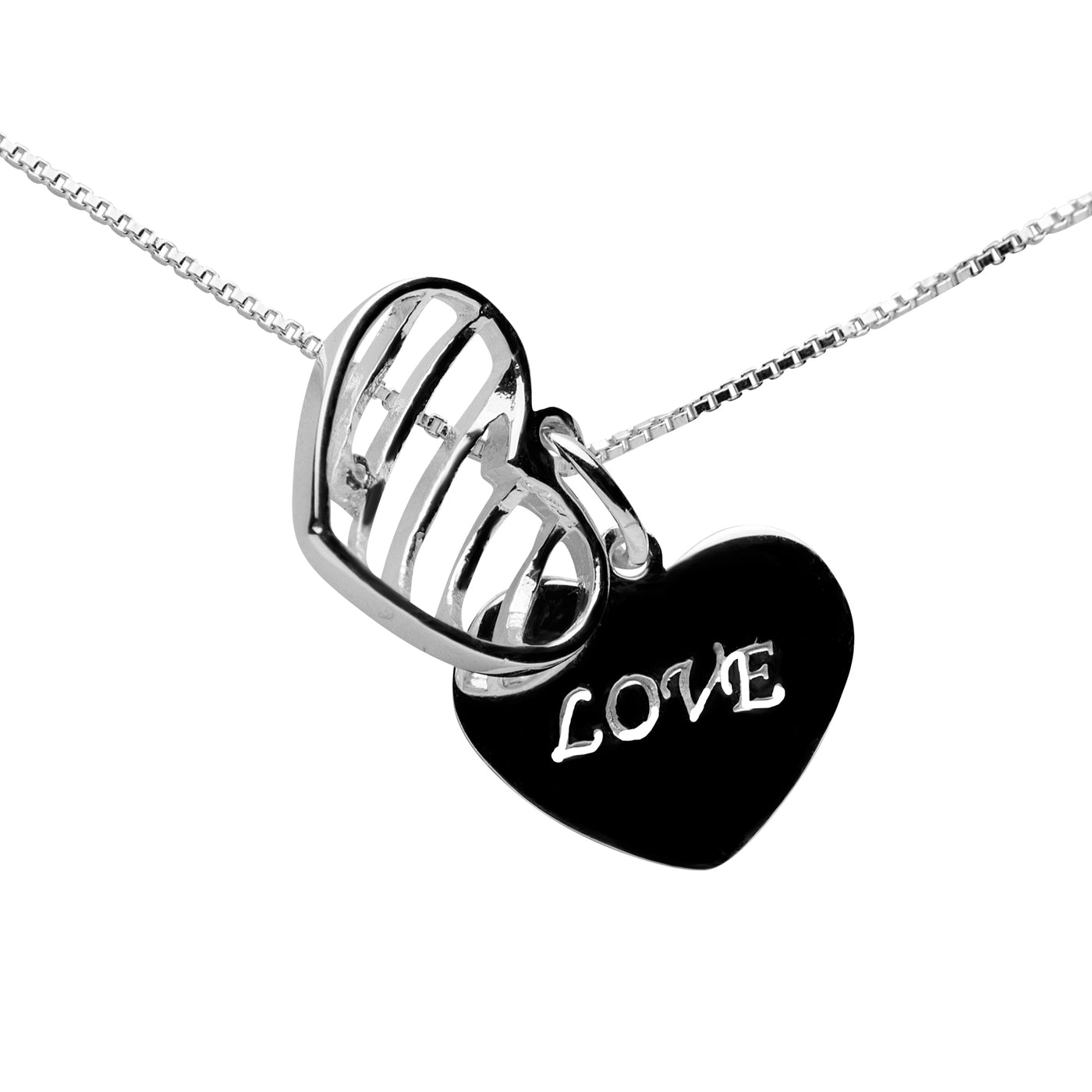 Sterling Silver Heart Love Message Caged Pendant Necklace