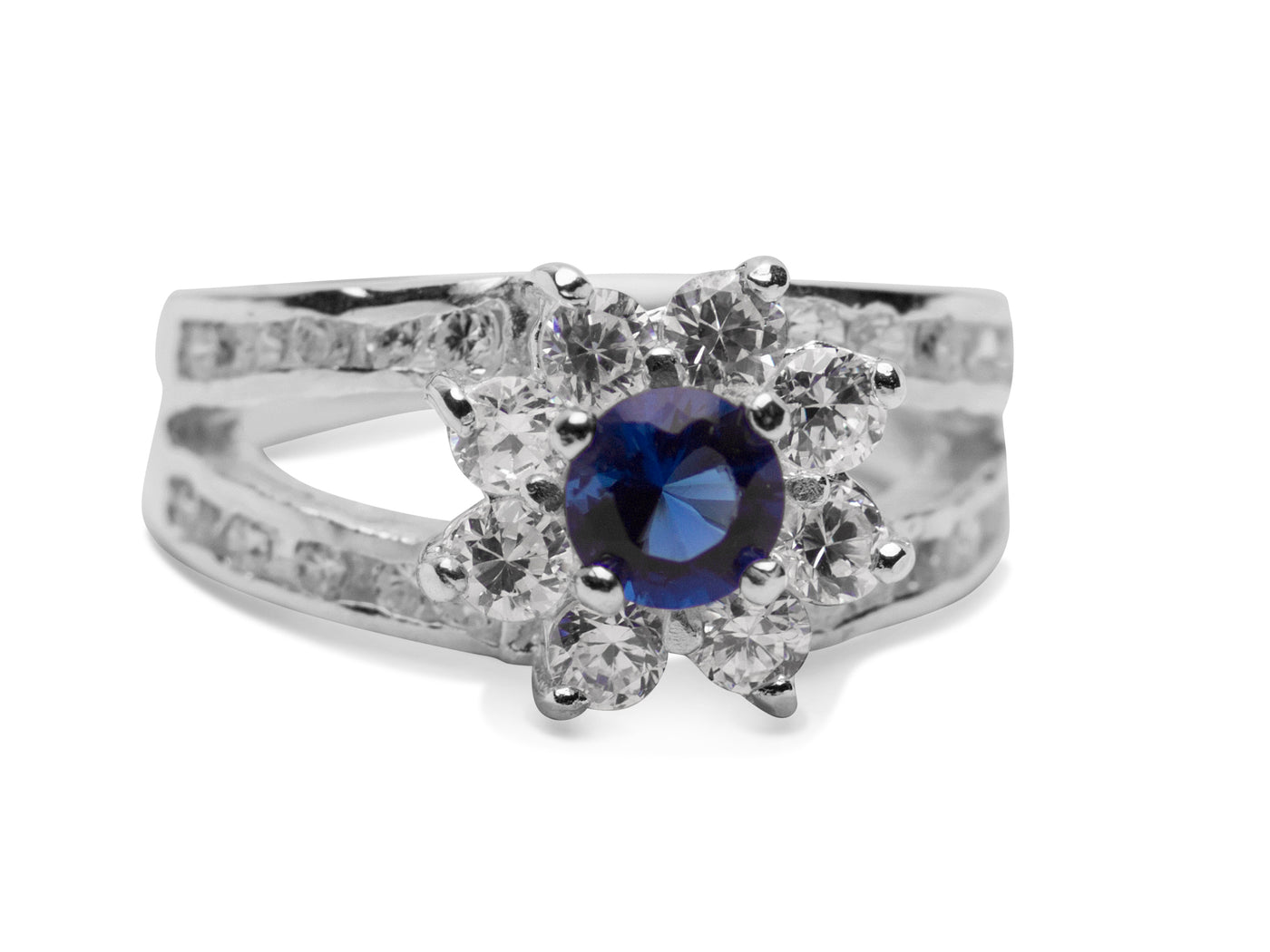 Created Blue Sapphire & Crystal Sterling Silver Ring | SilverAndgold