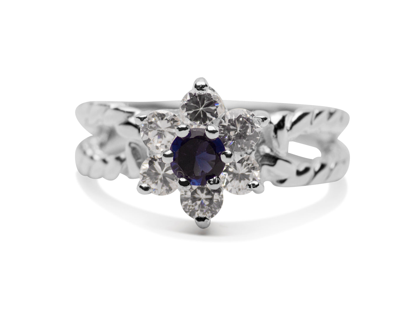 Created Blue Sapphire & Crystal Sterling Silver Ring | SilverAndGold