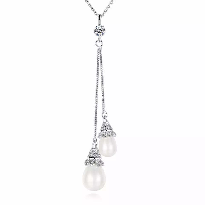 Pearl Simulant Lariat Silver Necklace