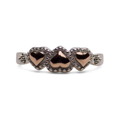 14K Rose Gold Plated Sterling Silver Beaded Two-Tone Three Heart Ring