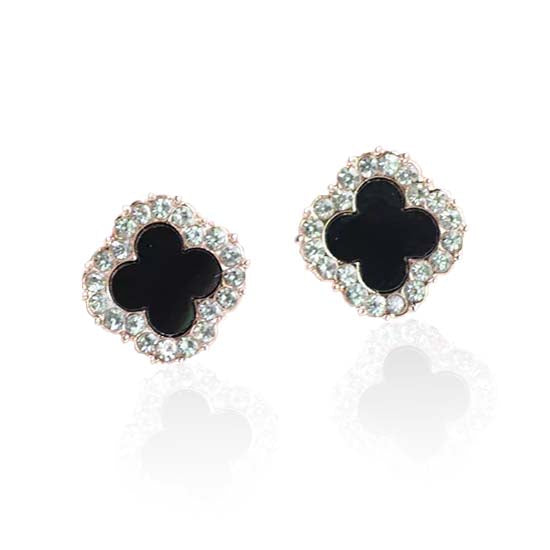 Black Enamel Clover Gold Earrings