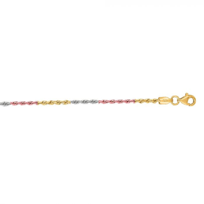 10K Tri-Gold Rope Chain Bracelet 2.3 mm