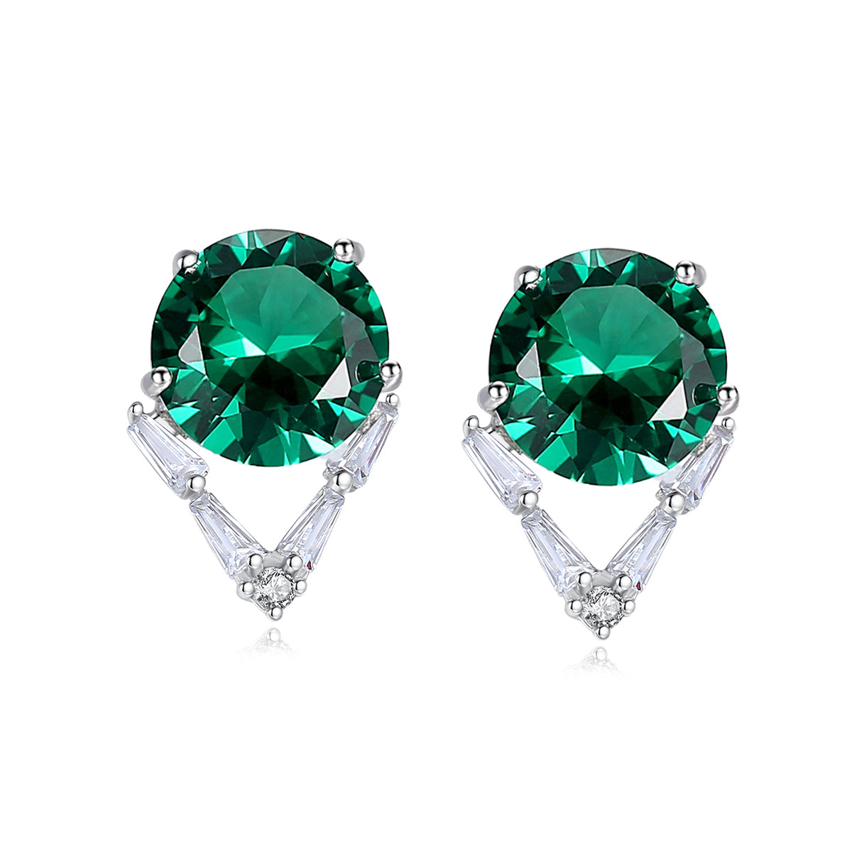 Brilliant Round Emerald Simulant Silver Earrings