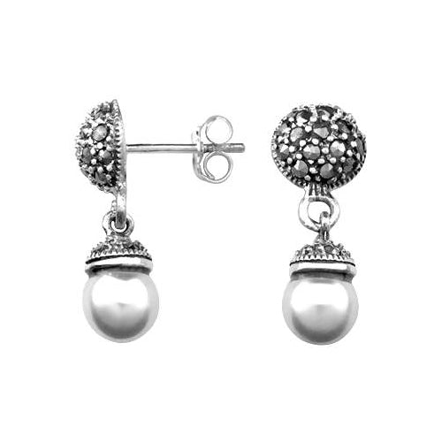 Pearl & Marcasite Sterling Silver Dangle Earrings | SilverAndGold