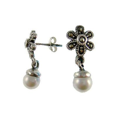 Marcasite Flower Pearl Dangle Earrings | SilverAndGold
