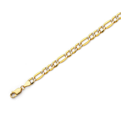 14K Gold Figaro White Pave Chain Bracelet 7.6 mm