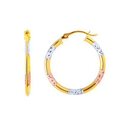 Tri Color 14K Gold 15mm Diamond Cut Hoop Earrings