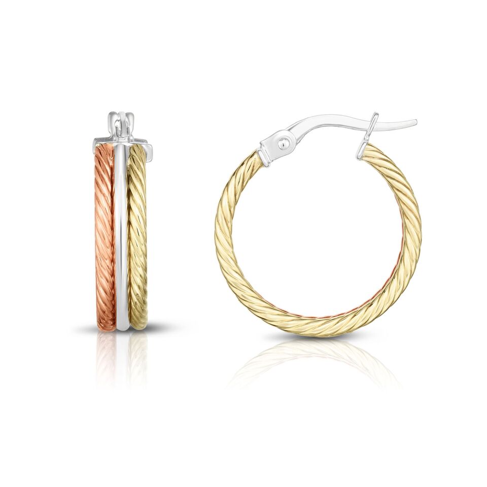 14K Tri Color Gold Triple Row Hoop Earrings | SilverAndGold