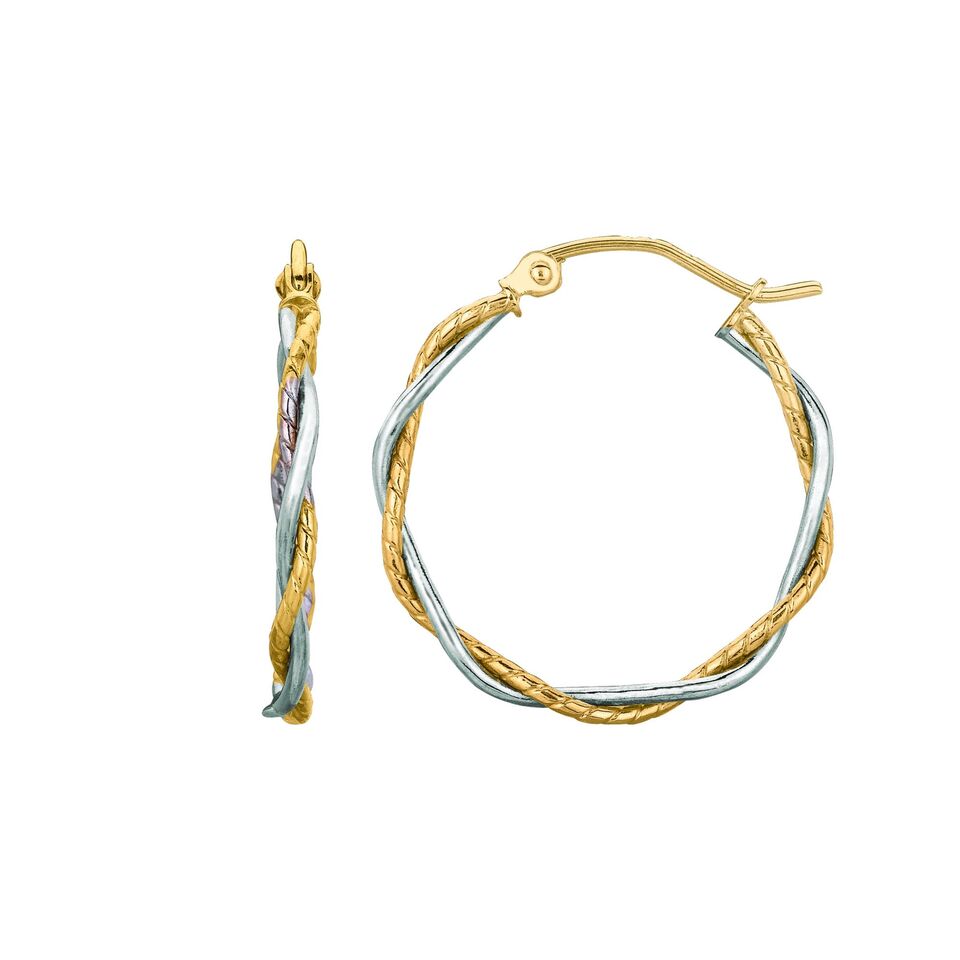 14K Two Tone Gold Twisted Textured Hoop Earrings | SilverAndGold