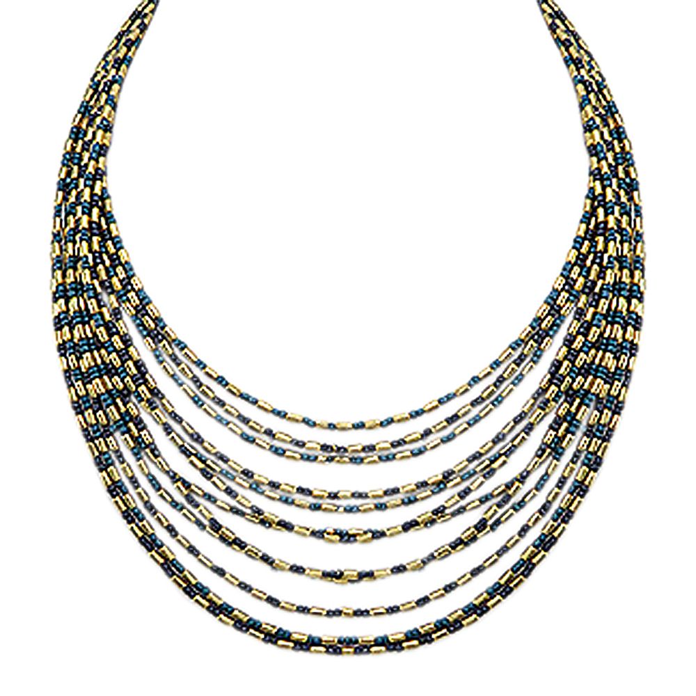 Turquoise & Navy Beaded & Brass Multi Strand Necklace
