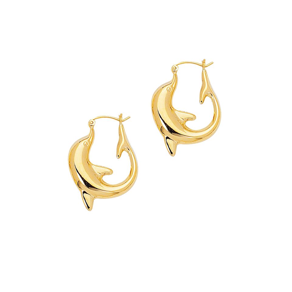 14K Yellow Gold Large Dolphin Hoop Earrings | SilverAndGold
