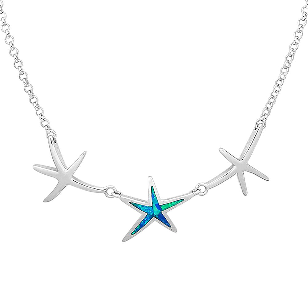 Created Blue Opal Silver Star Necklace