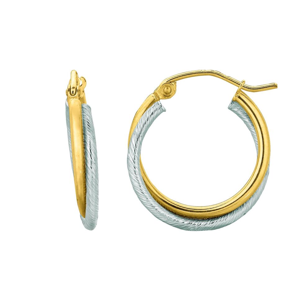 14K Two Tone Gold Textured Hoop Earrings | SilverAndGold