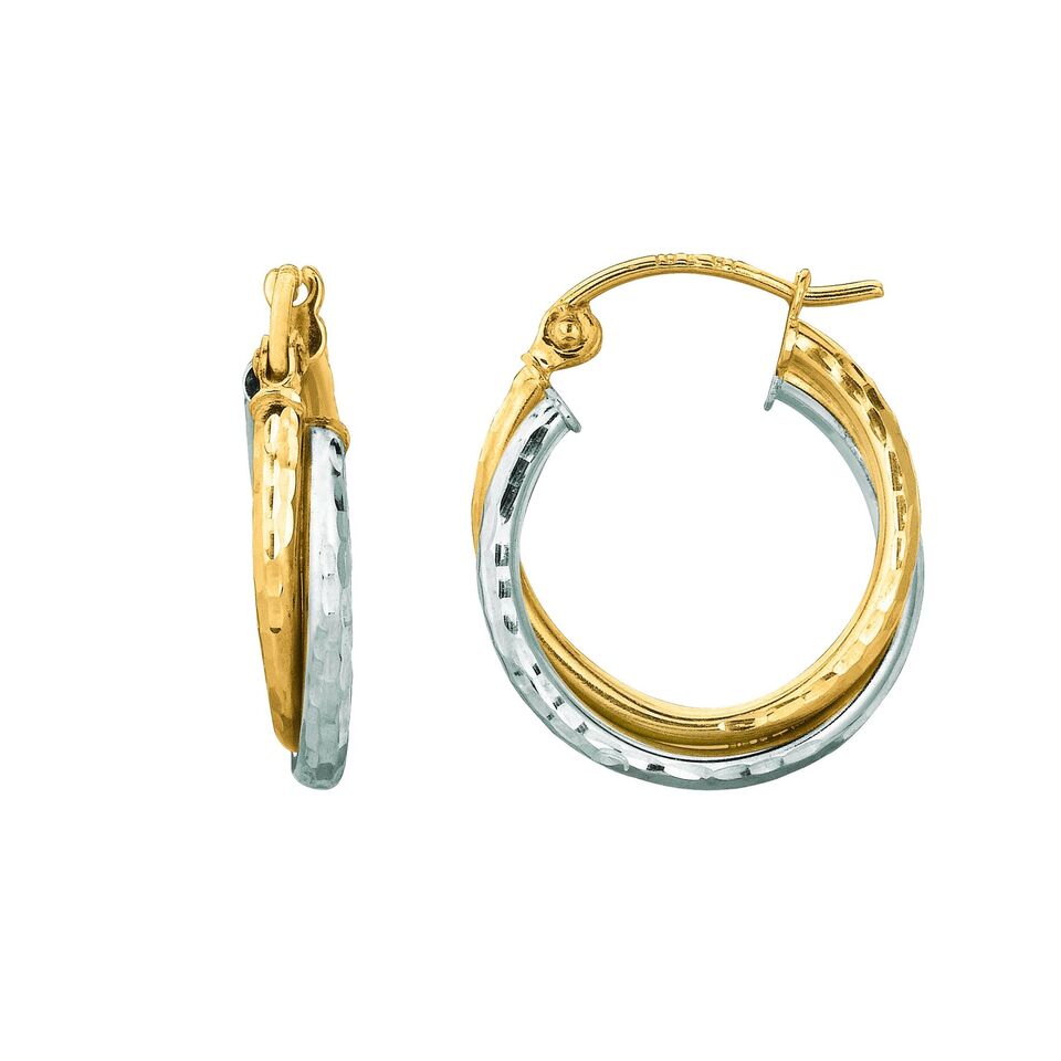 14K Two Tone Gold Diamond Cut Hoop Earrings | SilverAndGold
