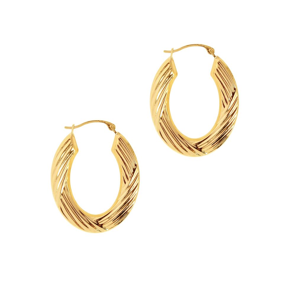 14K Yellow Gold Textured Oval Hoop Earrings | SilverAndGold