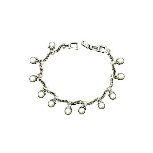 Sterling Silver Bracelet: Dangle White Pearl and Marcasite Silver - SilverAndGold.com Silver And Gold