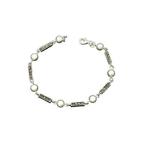 Sterling Silver Bracelet: White Pearl and Marcasite Silver - SilverAndGold.com Silver And Gold
