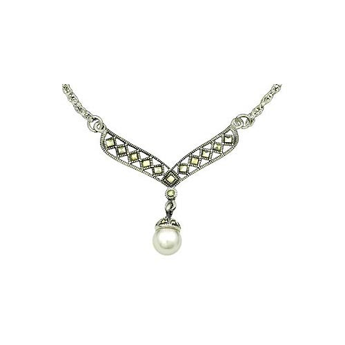 Sterling Silver Necklace: Ornate Silver Marcasites and Pearl Pendant - SilverAndGold.com Silver And Gold