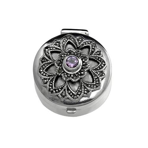 Sterling Silver: Round Shape Box (Amethyst and Marcasite Gemstones) - SilverAndGold.com Silver And Gold